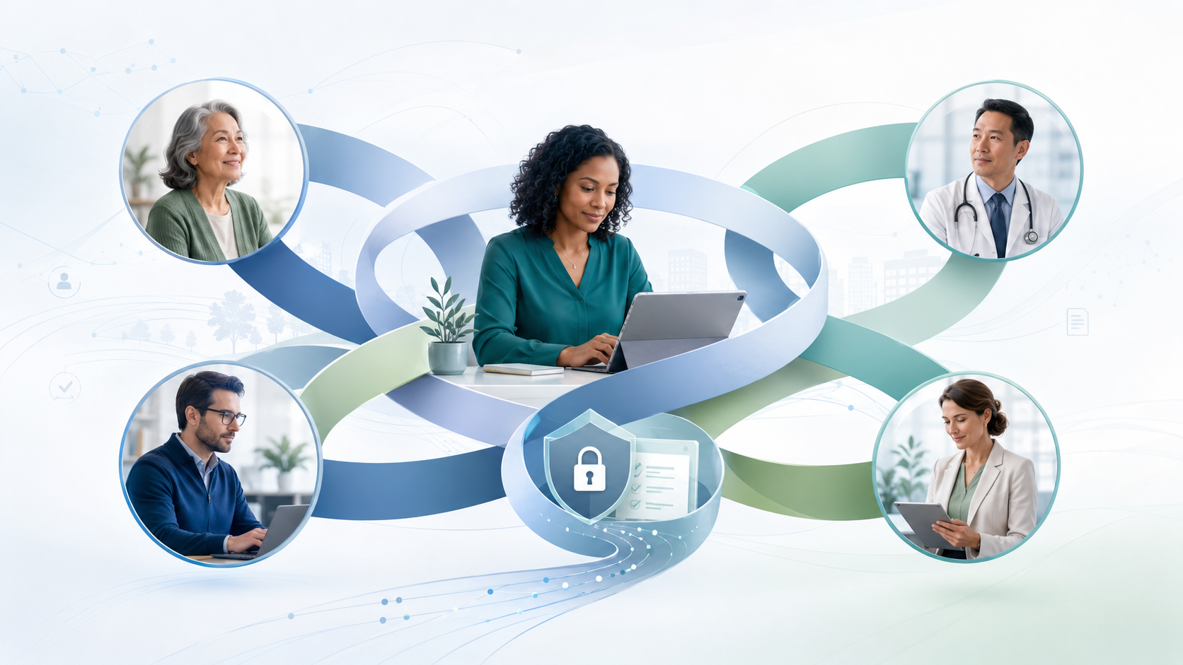 A program coordinator at the center, working at a laptop, surrounded by stakeholders represented in connected circles: a participant, a medical director, an employer-side administrator, and a program sponsor. Brand-colored ribbons weave between them, with a security shield and document checklist signaling consent and audit underneath.